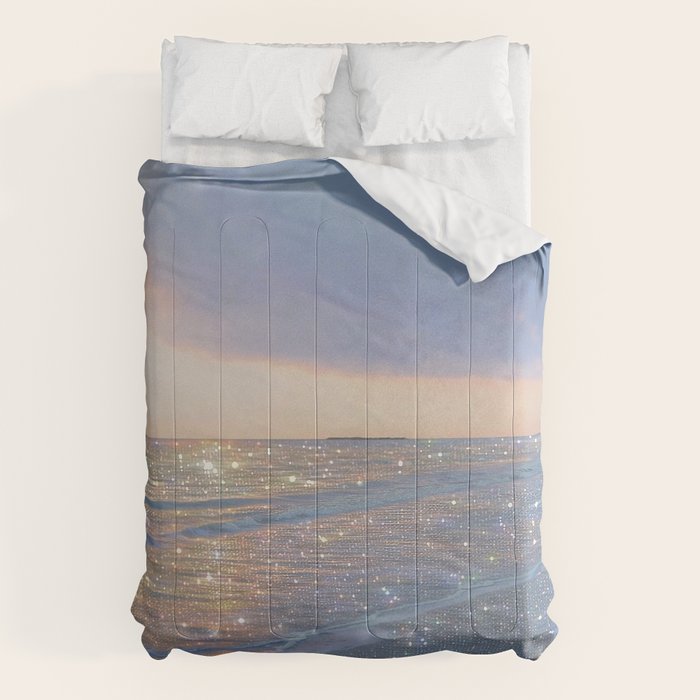 MAGIC OCEAN - glitter artwork by Yana Potter artist. Sparkling waves, pastel blue, beautiful nature. Comforter Gallery Image 1