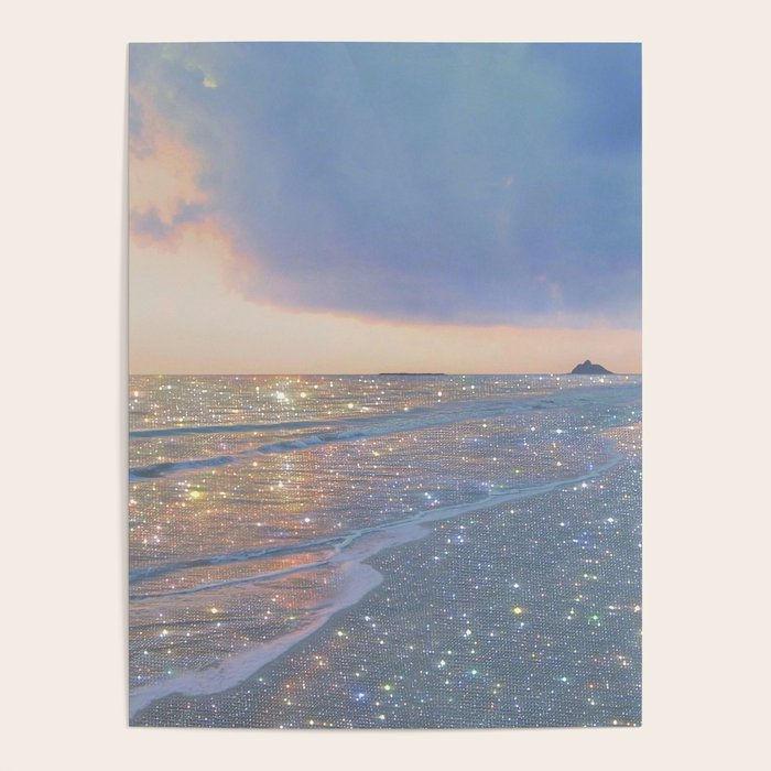 MAGIC OCEAN - glitter artwork by Yana Potter artist. Sparkling waves, pastel blue, beautiful nature. Poster