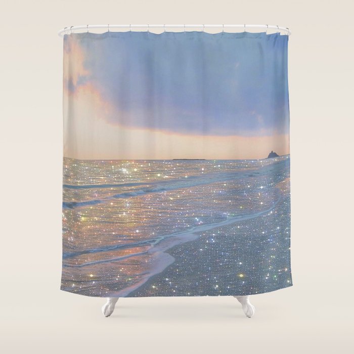MAGIC OCEAN - glitter artwork by Yana Potter artist. Sparkling waves, pastel blue, beautiful nature. Shower Curtain Gallery Image 1