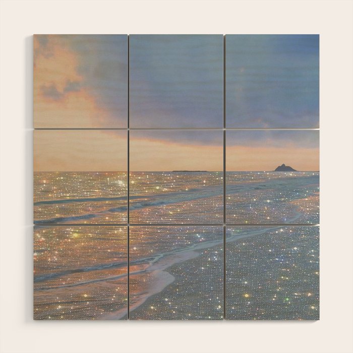 MAGIC OCEAN - glitter artwork by Yana Potter artist. Sparkling waves, pastel blue, beautiful nature. Wood Wall Art Gallery Image 1