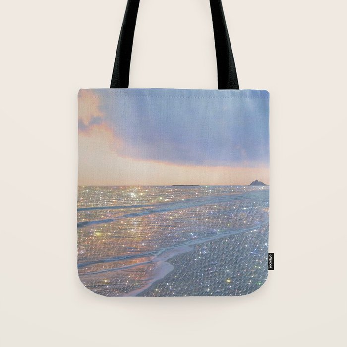 MAGIC OCEAN - glitter artwork by Yana Potter artist. Sparkling waves, pastel blue, beautiful nature. Tote Bag Gallery Image 1
