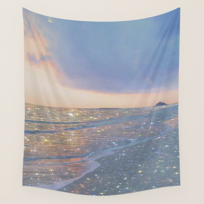MAGIC OCEAN - glitter artwork by Yana Potter artist. Sparkling waves, pastel blue, beautiful nature. Wall Tapestry Gallery Image 4