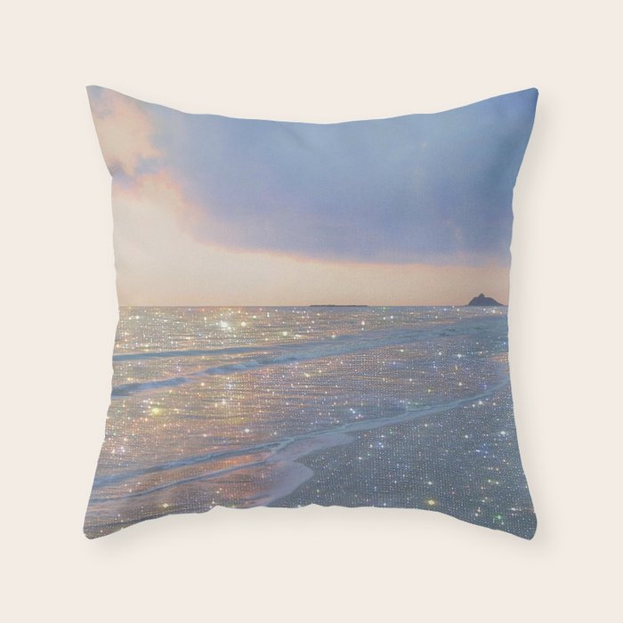 MAGIC OCEAN - glitter artwork by Yana Potter artist. Sparkling waves, pastel blue, beautiful nature. Throw Pillow Gallery Image 6