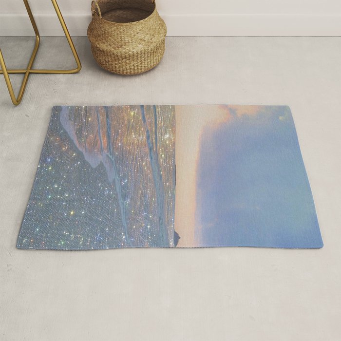 MAGIC OCEAN - glitter artwork by Yana Potter artist. Sparkling waves, pastel blue, beautiful nature. Rug Gallery Image 1