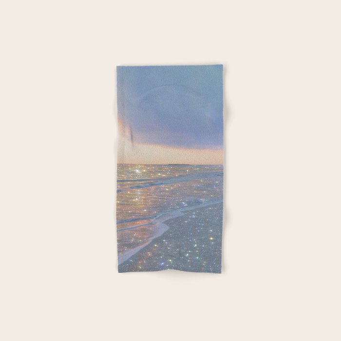 MAGIC OCEAN - glitter artwork by Yana Potter artist. Sparkling waves, pastel blue, beautiful nature. Bath Towel Gallery Image 1