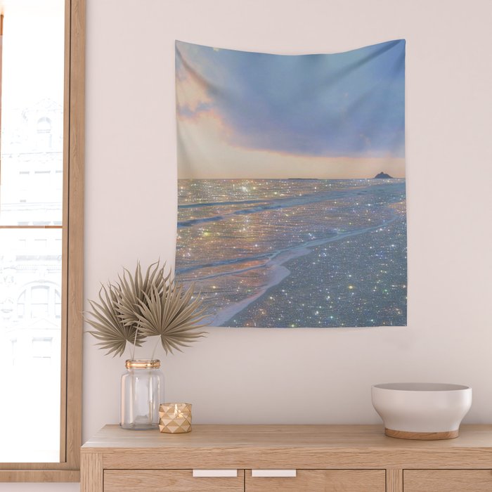 MAGIC OCEAN - glitter artwork by Yana Potter artist. Sparkling waves, pastel blue, beautiful nature. Wall Tapestry Gallery Image 2