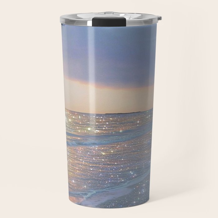 MAGIC OCEAN - glitter artwork by Yana Potter artist. Sparkling waves, pastel blue, beautiful nature. Travel Mug Gallery Image 1