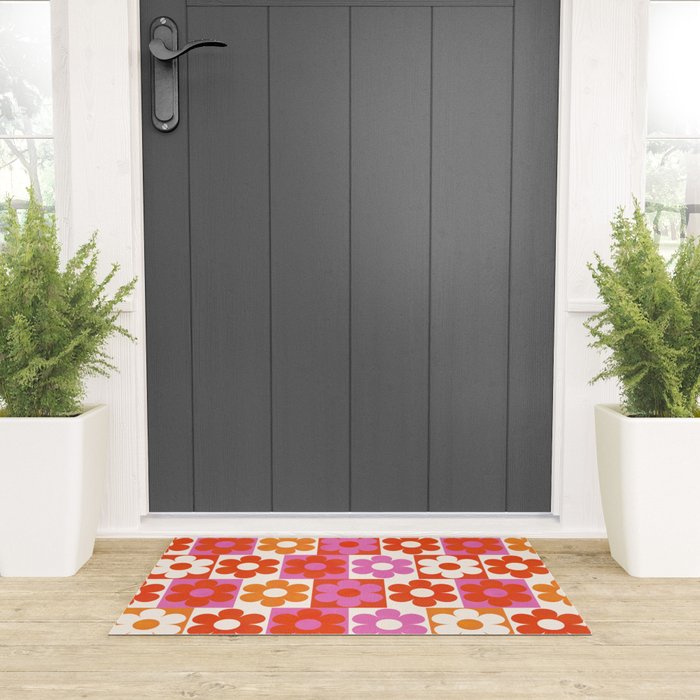 Pink and Orange Retro Daisies Welcome Mat Gallery Image 3
