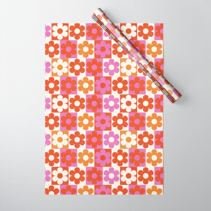 Pink and Orange Retro Daisies Wrapping Paper Gallery Image 1