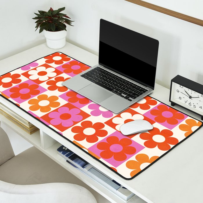 Pink and Orange Retro Daisies Desk Mat Gallery Image 2
