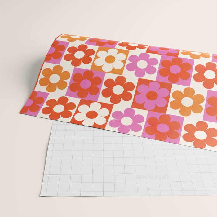 Pink and Orange Retro Daisies Wrapping Paper Gallery Image 2