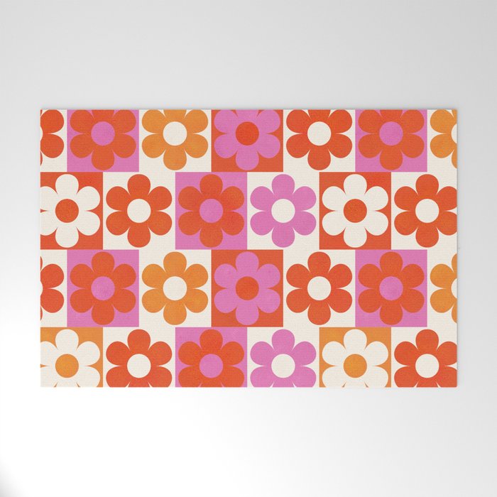 Pink and Orange Retro Daisies Welcome Mat Gallery Image 1
