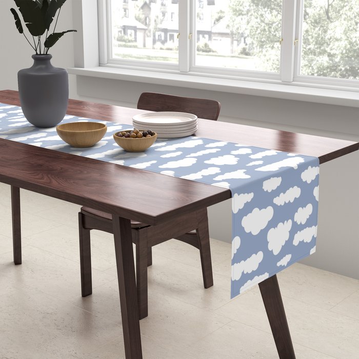 Sunny Summer Sky: White Cartoon Clouds in a Blue Sky Pattern Table Runner Gallery Image 2