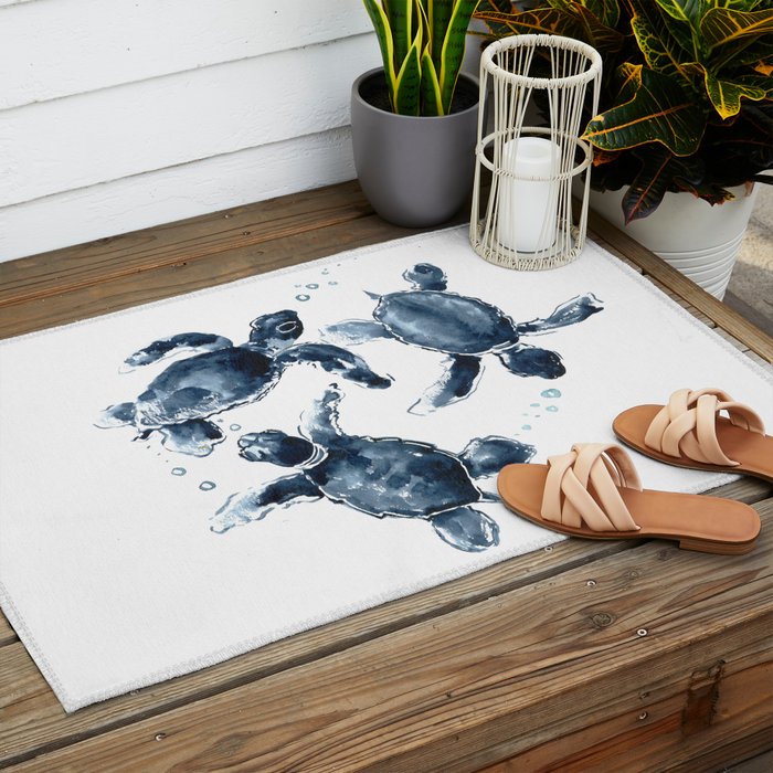 Turtle Swimming Sea Turtles indigo blue turtle art Outdoor Rug Gallery Image 2