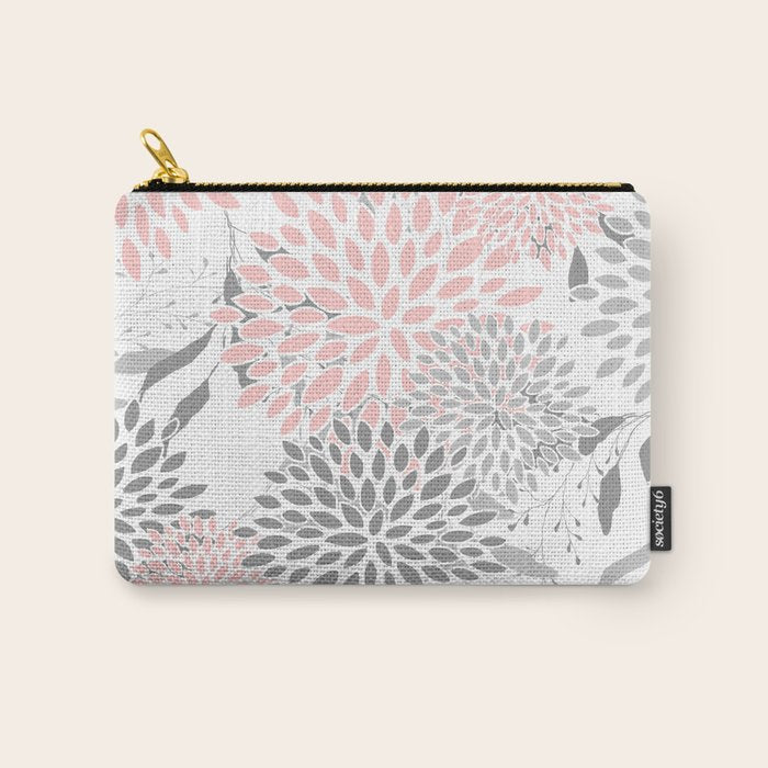 Festive, Floral Prints, Leaves and Blooms, Pink, Gray and White Carry All Pouch Gallery Image 1