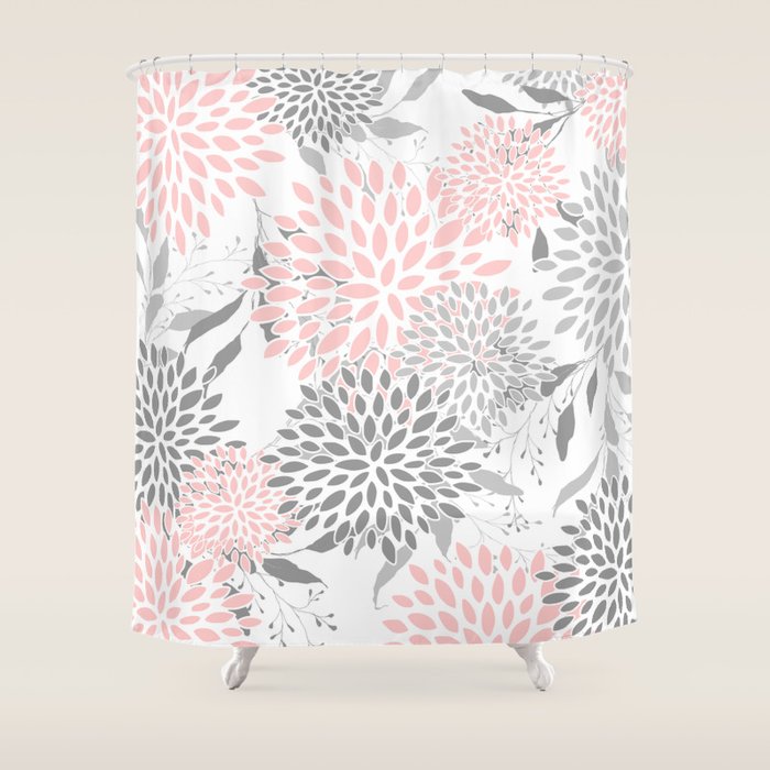Festive, Floral Prints, Leaves and Blooms, Pink, Gray and White Shower Curtain Gallery Image 1