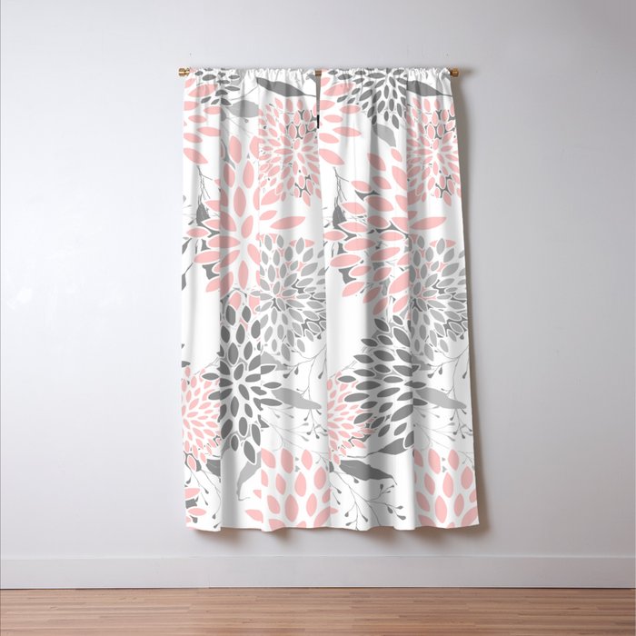 Festive, Floral Prints, Leaves and Blooms, Pink, Gray and White Window Curtain Gallery Image 3