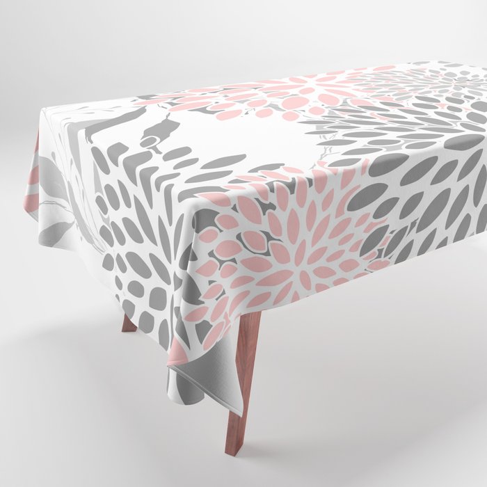 Festive, Floral Prints, Leaves and Blooms, Pink, Gray and White Tablecloth Gallery Image 1