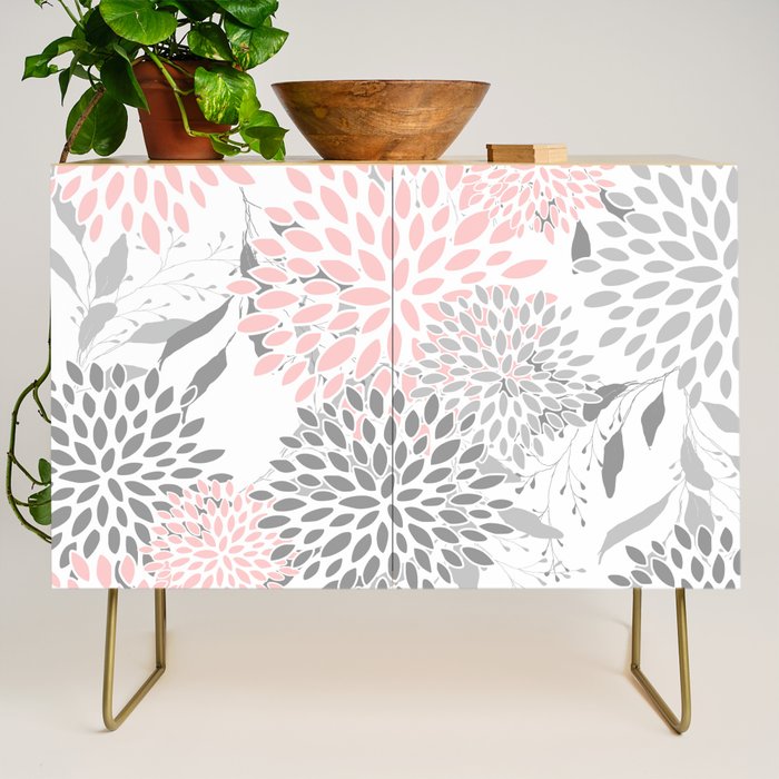 Festive, Floral Prints, Leaves and Blooms, Pink, Gray and White Credenza Gallery Image 1