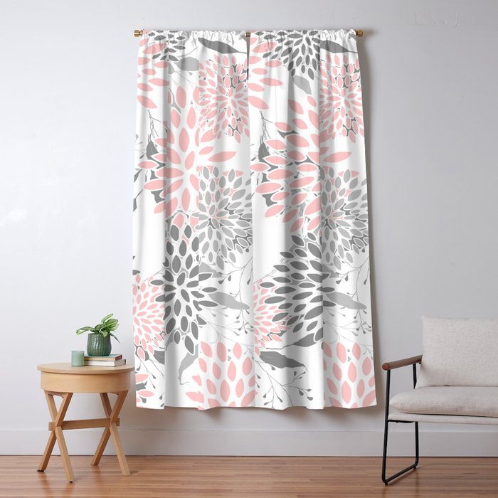 Festive, Floral Prints, Leaves and Blooms, Pink, Gray and White Window Curtain Gallery Image 5