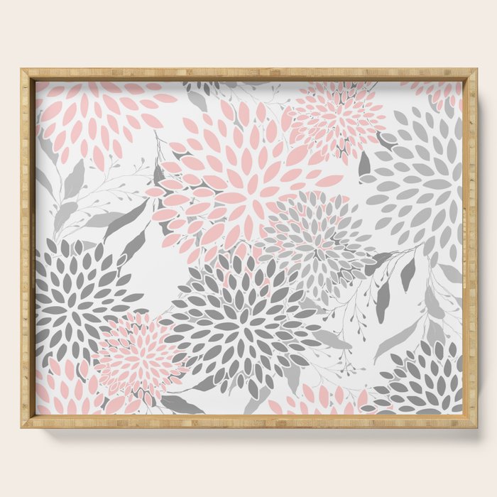 Festive, Floral Prints, Leaves and Blooms, Pink, Gray and White Serving Tray Gallery Image 1