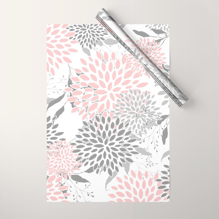 Festive, Floral Prints, Leaves and Blooms, Pink, Gray and White Wrapping Paper Gallery Image 1