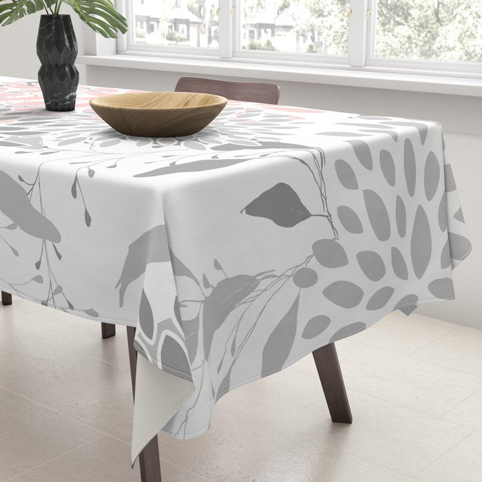 Festive, Floral Prints, Leaves and Blooms, Pink, Gray and White Tablecloth Gallery Image 3