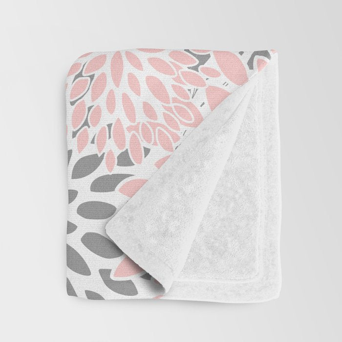 Festive, Floral Prints, Leaves and Blooms, Pink, Gray and White Throw Blanket Gallery Image 3