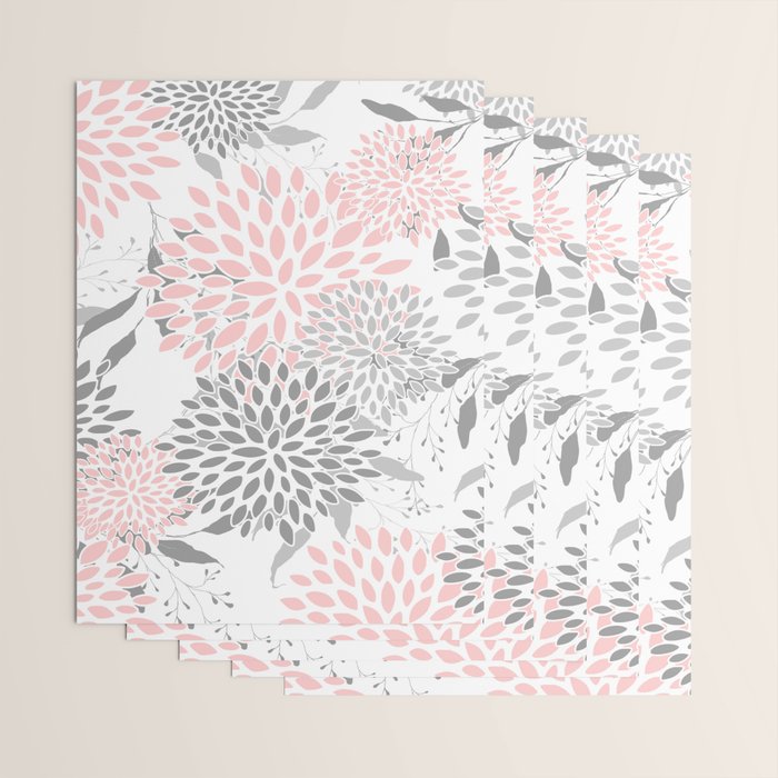 Festive, Floral Prints, Leaves and Blooms, Pink, Gray and White Wrapping Paper Gallery Image 3