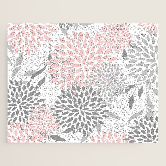Festive, Floral Prints, Leaves and Blooms, Pink, Gray and White Jigsaw Puzzle Gallery Image 1