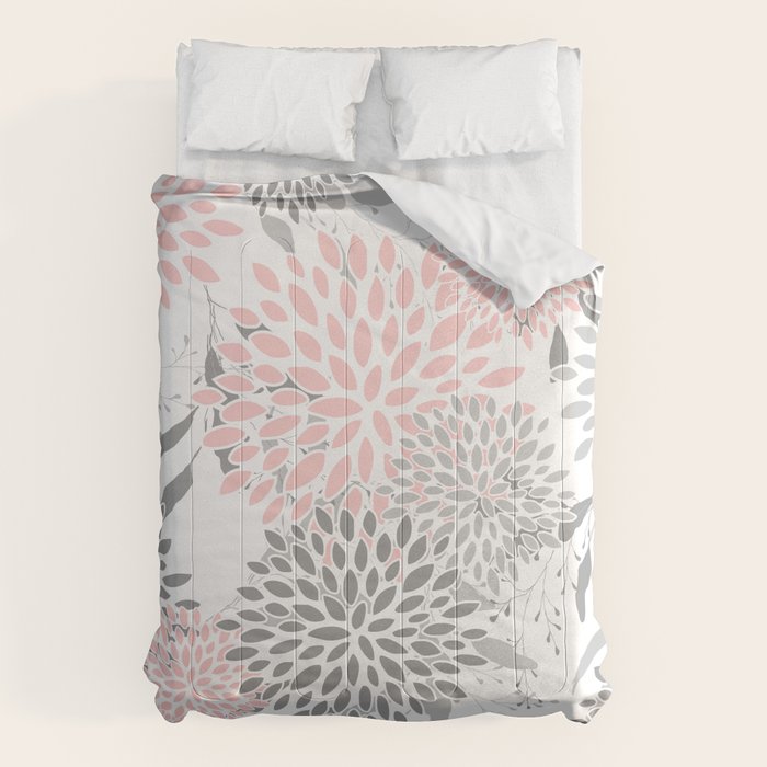 Festive, Floral Prints, Leaves and Blooms, Pink, Gray and White Comforter Gallery Image 6