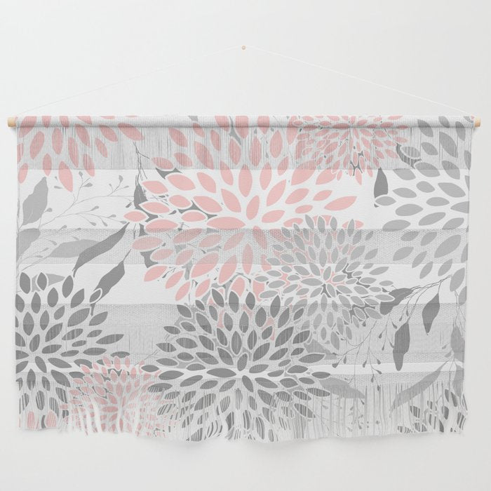 Festive, Floral Prints, Leaves and Blooms, Pink, Gray and White Wall Hanging Gallery Image 1