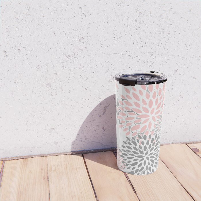 Festive, Floral Prints, Leaves and Blooms, Pink, Gray and White Travel Mug Gallery Image 4