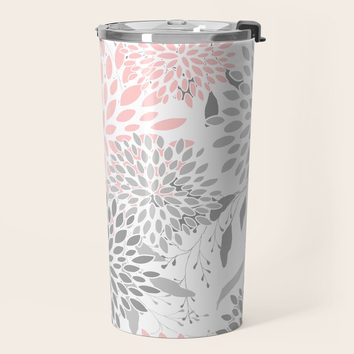 Festive, Floral Prints, Leaves and Blooms, Pink, Gray and White Travel Mug Gallery Image 2