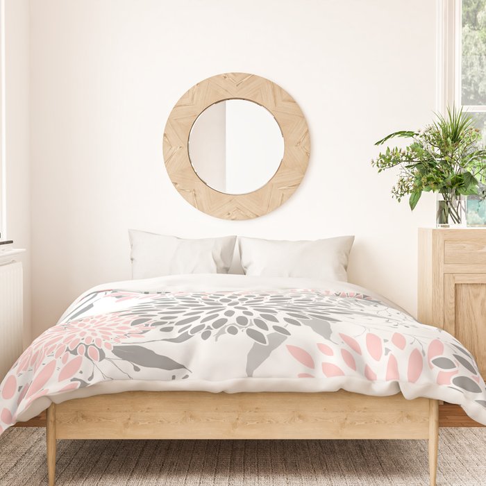 Festive, Floral Prints, Leaves and Blooms, Pink, Gray and White Duvet Cover Gallery Image 3
