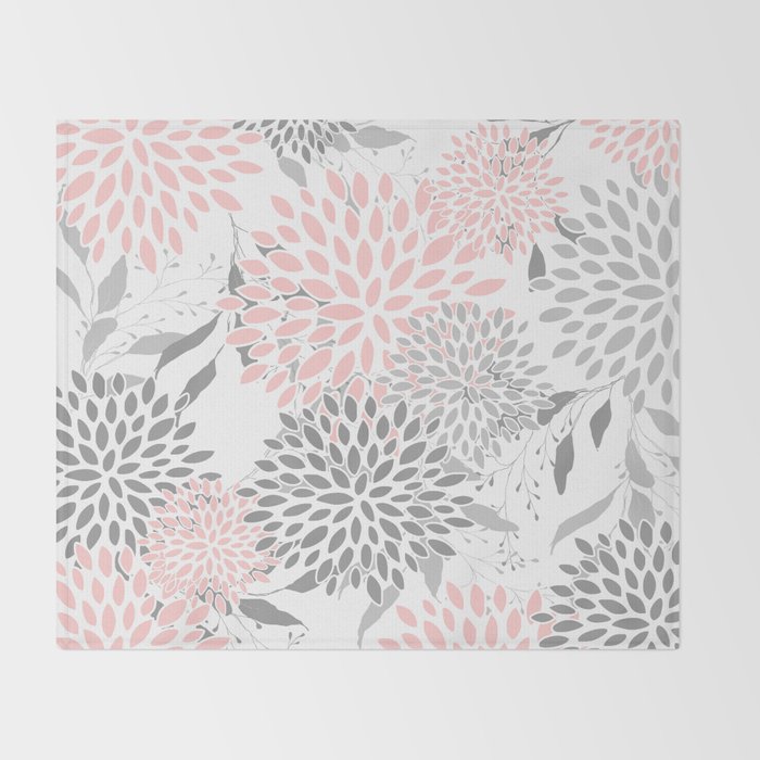 Festive, Floral Prints, Leaves and Blooms, Pink, Gray and White Throw Blanket Gallery Image 2