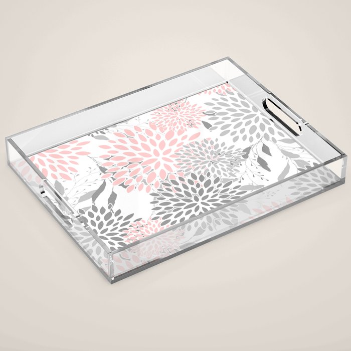 Festive, Floral Prints, Leaves and Blooms, Pink, Gray and White Acrylic Tray Gallery Image 1