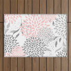 Festive, Floral Prints, Leaves and Blooms, Pink, Gray and White Outdoor Rug Gallery Image 1