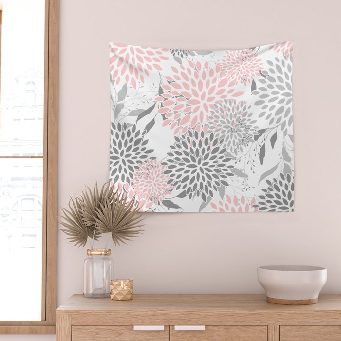Festive, Floral Prints, Leaves and Blooms, Pink, Gray and White Wall Tapestry Gallery Image 2