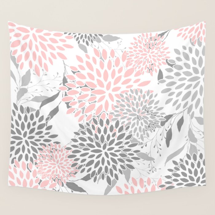 Festive, Floral Prints, Leaves and Blooms, Pink, Gray and White Wall Tapestry Gallery Image 4