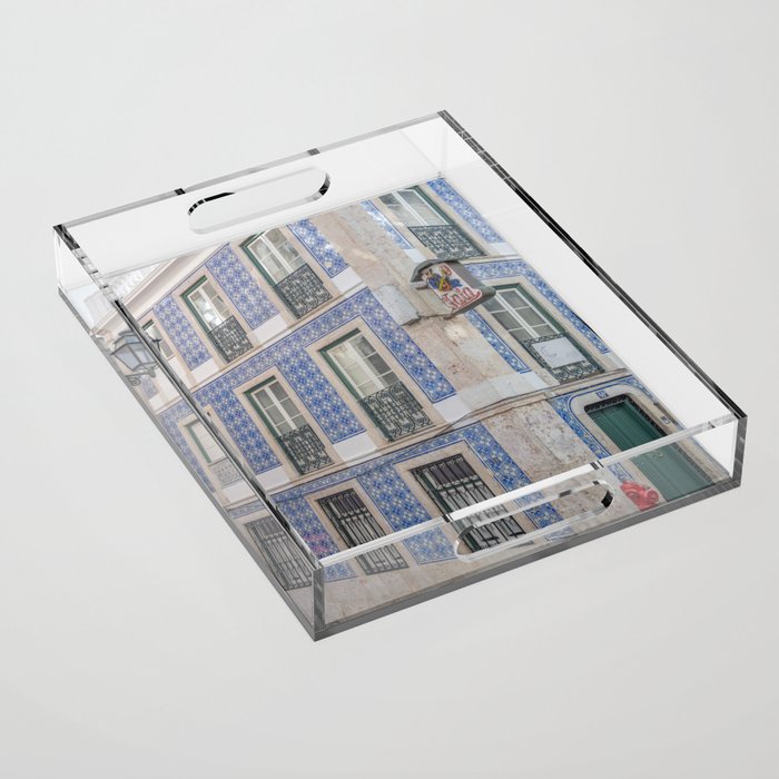 Blue azulejos on a corner building in Alfama, Lisbon, Portugal - street and travel photography Acrylic Tray Gallery Image 1