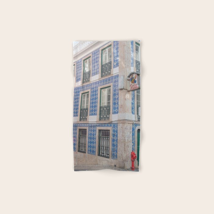 Blue azulejos on a corner building in Alfama, Lisbon, Portugal - street and travel photography Bath Towel Gallery Image 1
