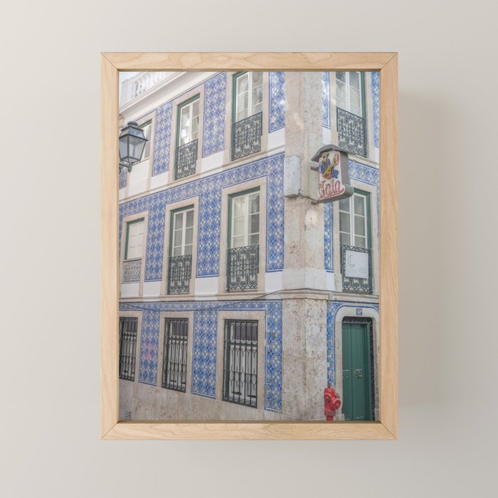Blue azulejos on a corner building in Alfama, Lisbon, Portugal - street and travel photography Mini Art Print Gallery Image 1
