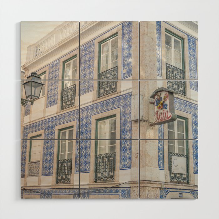 Blue azulejos on a corner building in Alfama, Lisbon, Portugal - street and travel photography Wood Wall Art Gallery Image 1