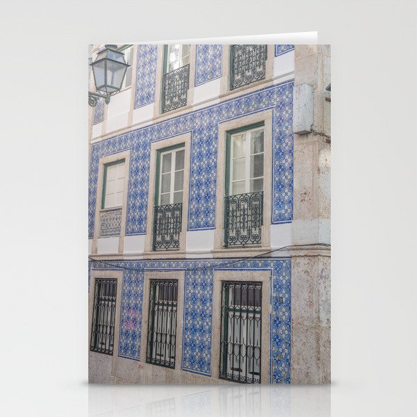 Blue azulejos on a corner building in Alfama, Lisbon, Portugal - street and travel photography Stationery Card Gallery Image 2