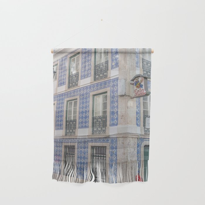 Blue azulejos on a corner building in Alfama, Lisbon, Portugal - street and travel photography Wall Hanging Gallery Image 1