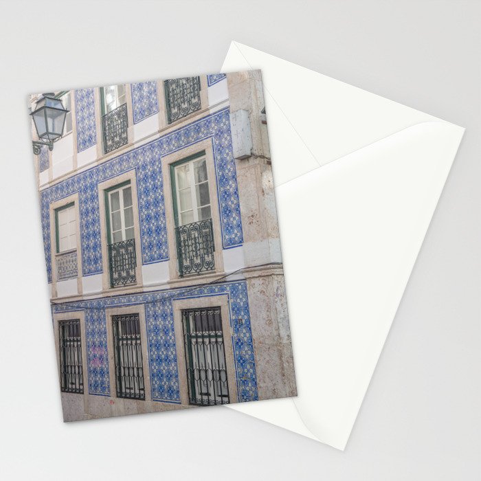Blue azulejos on a corner building in Alfama, Lisbon, Portugal - street and travel photography Stationery Card Gallery Image 2