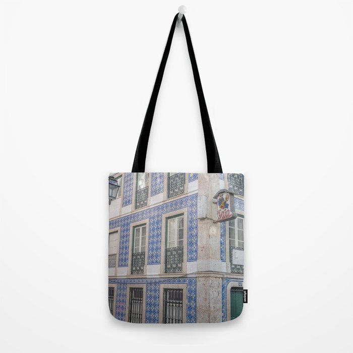 Blue azulejos on a corner building in Alfama, Lisbon, Portugal - street and travel photography Tote Bag Gallery Image 2