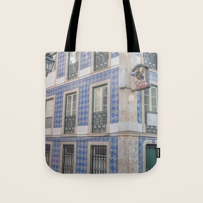 Blue azulejos on a corner building in Alfama, Lisbon, Portugal - street and travel photography Tote Bag Gallery Image 1