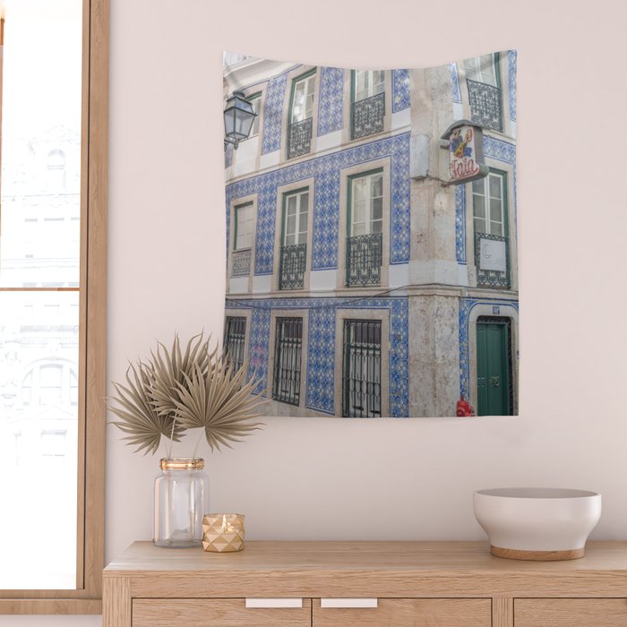 Blue azulejos on a corner building in Alfama, Lisbon, Portugal - street and travel photography Wall Tapestry Gallery Image 2